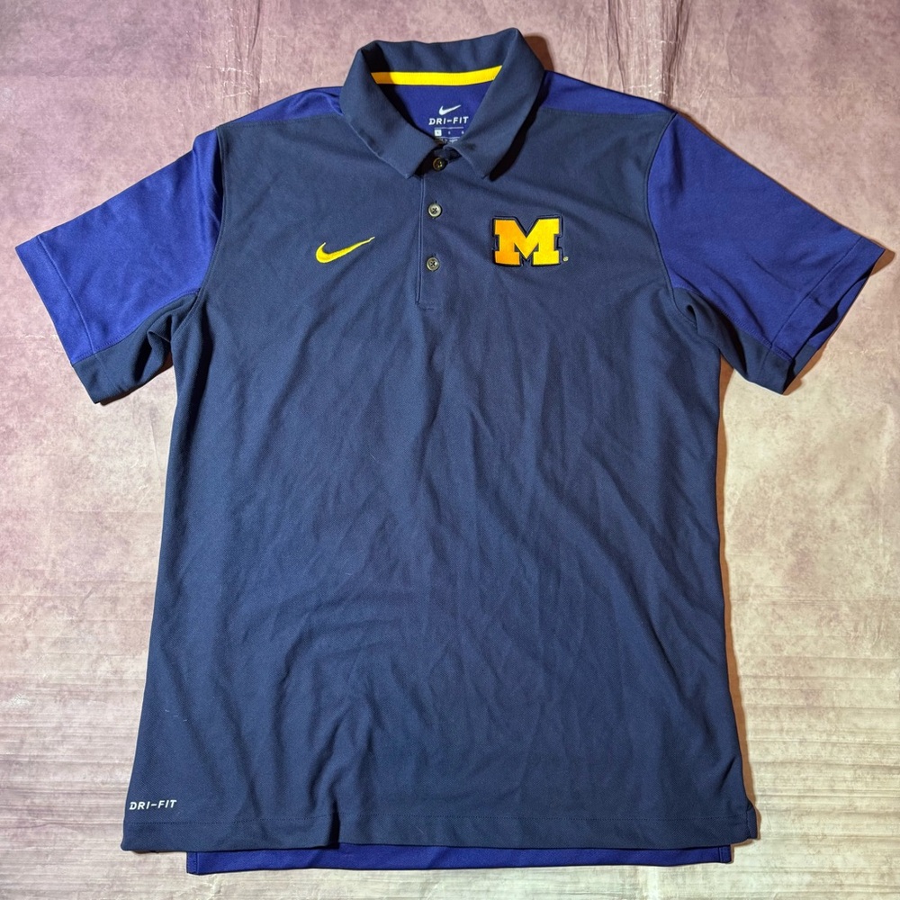 Nike Michigan Wolverines Dri Fit Polo Shirt Blue Logo Swoosh Men’s Size Large